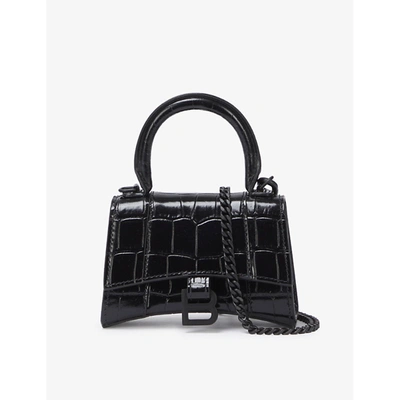 Balenciaga Black Hourglass Mini Mock Croc Leather Top Handle Bag