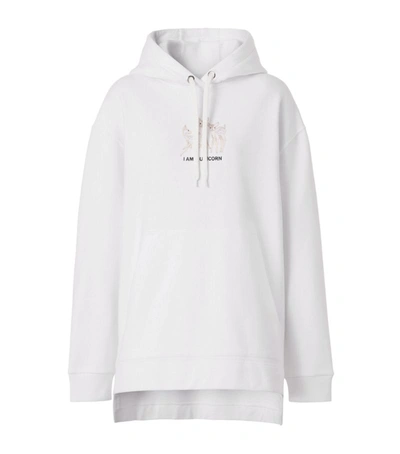 Burberry Deer Embroidered Long Back Cotton Hoodie In White