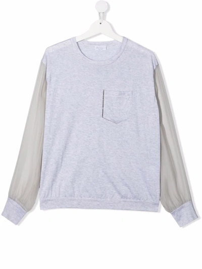 Brunello Cucinelli Teen Long-sleeve Silk Top In Grey