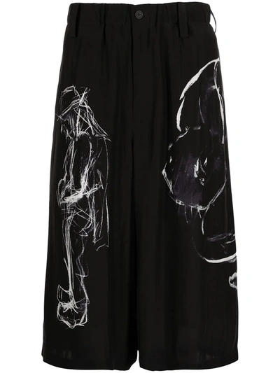 Yohji Yamamoto Abstract-print Silk Shorts In Black