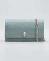 Alexander Mcqueen Skull Mini Embellished Croc-effect Patent-leather Shoulder Bag In Blue/gray
