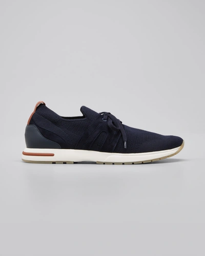 Loro Piana Knit Lace-up Runner Sneakers In Blue Navy