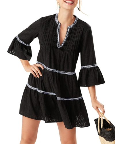 Tommy Bahama Embroidered Tassel V-neck Cotton Tunic Dress In Black