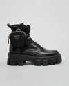 Prada Leather Zip Pocket Combat Booties In Bianco