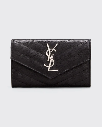 Saint Laurent Ysl Grain De Poudre V-flap Card Case In Black