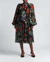 Dolce & Gabbana Black Rose Print Flared Silk Dress In Rose Fdo Nero