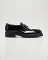 Prada Logo Plaque Spazzolato Leather Platform Moccasins In Nero