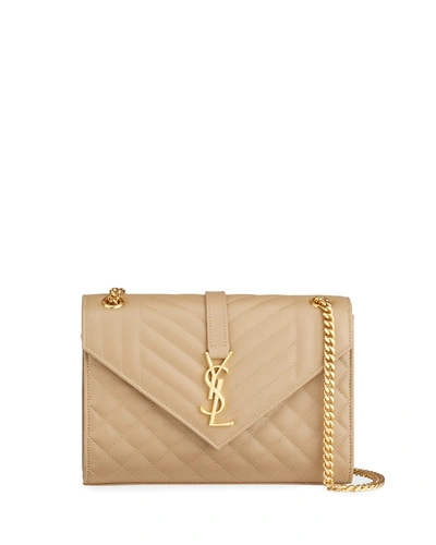 Saint Laurent Medium Tri-quilted Matelasse Grain De Poudre Flap Shoulder Bag, Golden Hardware In Dark Beige