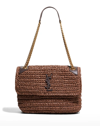 Saint Laurent Niki Ysl Monogram Medium Crocheted Shoulder Bag In Brown New Nut