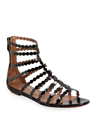 Alaïa Scalloped Leather Flat Gladiator Sandals In 999 Noir