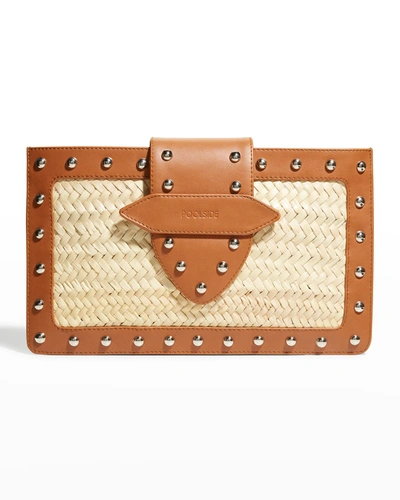 Poolside Studded Straw & Leather Clutch Bag In Natural