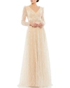 Mac Duggal Long-sleeve Beaded Stripe A-line Gown In Champagne