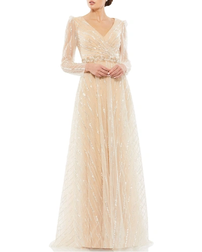 Mac Duggal Long-sleeve Beaded Stripe A-line Gown In Beige