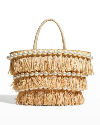 Btb Los Angeles Olivia Raffia Fringe & Imitation Pearl Tote