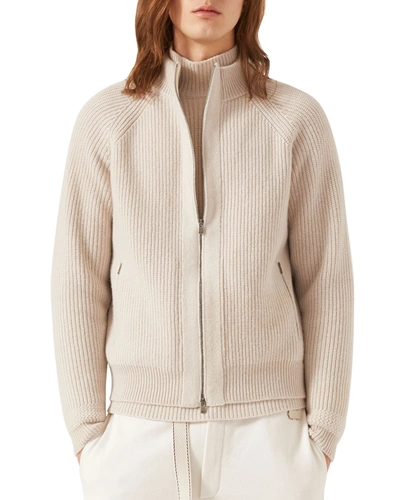 Agnona Cashmere Knit Cardigan W/leather Detail In Stone