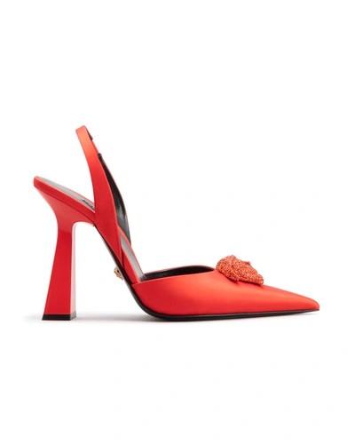 Versace Crystal La Medusa Satin Sling-back Pumps, Female, Red, 38.5