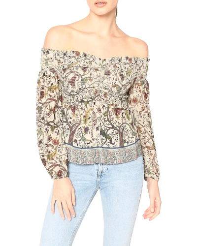 Nicole Miller Mixed Print Off The Shoulder Georgette Blouse In Khaki Mult