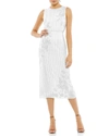 Mac Duggal Striped Floral Embellished Sleeveless Midi Dress In White