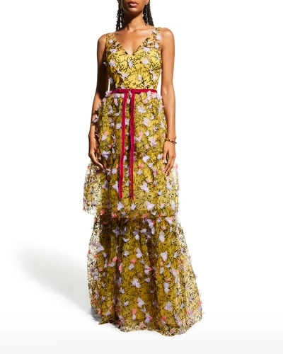 Marchesa Notte 3-tiered Embroidered Tulle Gown In Yellow