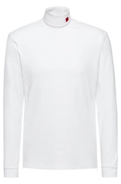 Hugo Stretch Cotton Turtleneck T Shirt With Red Logo Label In White