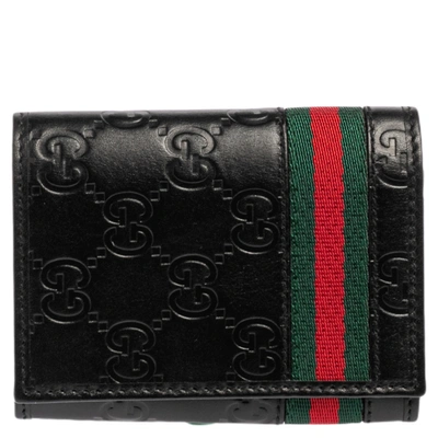 Pre-owned Gucci Ssima Leather Web Card Case In Black