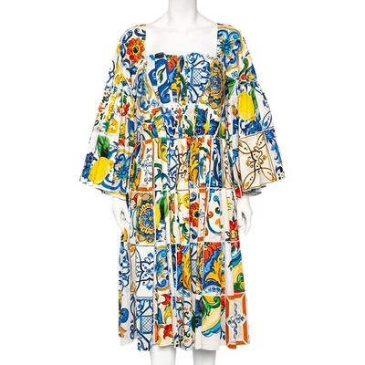 Pre-owned Dolce & Gabbana Multicolor Majolica Printed Cotton Pleated Neckline Flared Midi Dress L