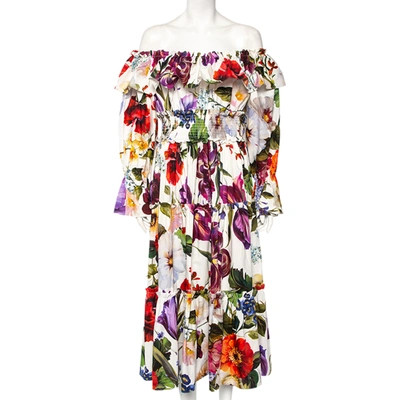 Pre-owned Dolce & Gabbana White Floral Printed Cotton Ruffle Detail Tiered Off Shoulder Midi Dress L