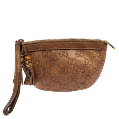 Pre-owned Gucci Ssima Leather Bamboo Wristlet Clutch In Brown