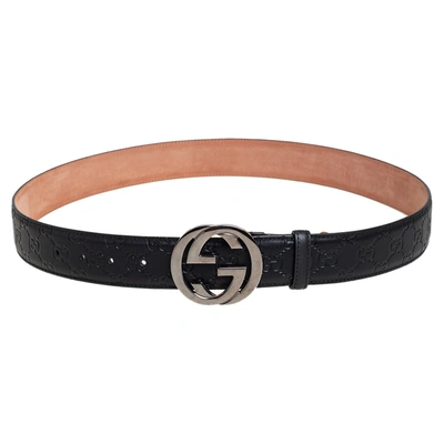Pre-owned Gucci Ssima Leather Interlocking G Buckle Belt 100cm In Black