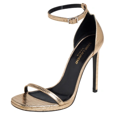 Pre-owned Saint Laurent Gold Lizard Embossed Leather Jane Ankle Strap Sandals Size 36