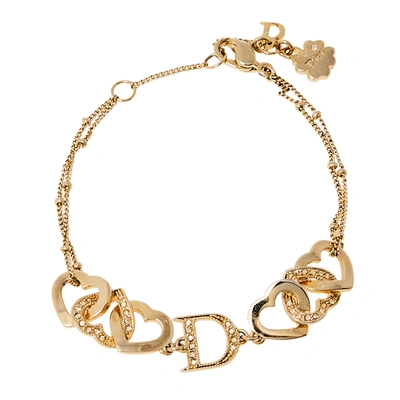 Pre-owned Dior Interlocking Heart Crystal Gold Tone Bracelet