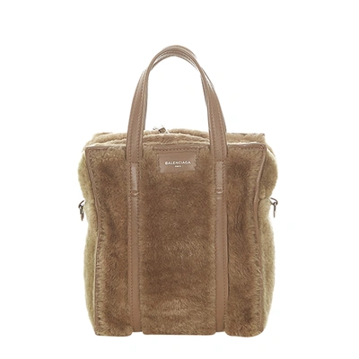 Pre-owned Balenciaga Brown Leather Trimmed Shearling Bazar Shopper Xs Bag