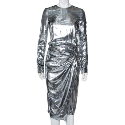 Pre-owned Saint Laurent Silver Lurex Silk Draped Waist Detail Faux Wrap Dress S In Metallic