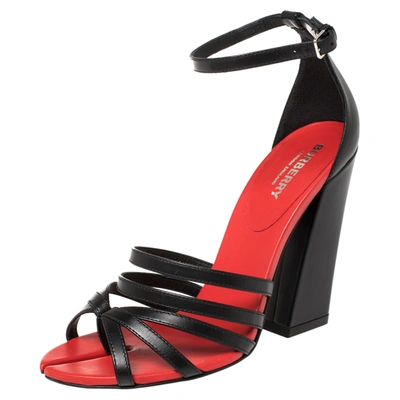 Pre-owned Burberry Black/red Leather Hove Heel Ankle Strap Sandals Size 37