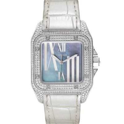 Pre-owned Cartier Blue Mop Diamonds 18k White Gold Santos 100 Wm503251 Women's Wristwatch 33 Mm