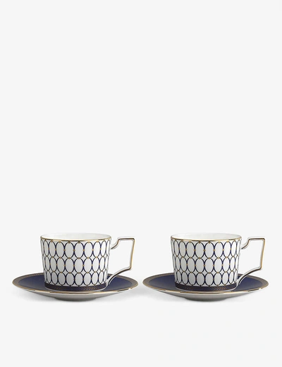 Wedgwood Renaissance Gold Fine Bone China Cups And Saucers Set Of Two In Blue