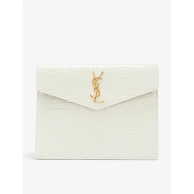 Saint Laurent Women's Cream/gold Uptown Baby Croc-embossed Leather Clutch Bag