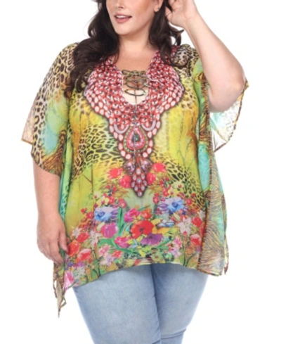 White Mark Plus Size Animal Print Caftan With Tie-up Neckline In Yellow