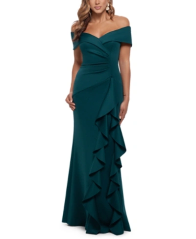 Xscape Ruffled Off-the-shoulder Gown In Hunter