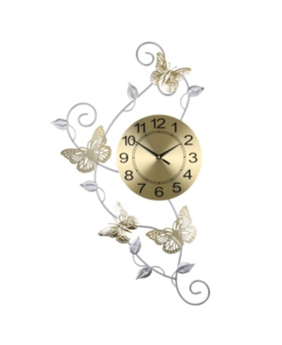 Three Star Butterflies And Leaves Wall Clock In Gold