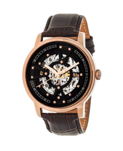 Reign Belfour Automatic Rose Gold Case, Genuine Black Leather Watch 44mm In Dark Brown