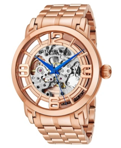 Stuhrling Stainless Steel Rose Tone Case On Stainless Steel Link Bracelet, Rose Tone Dial, With Blue Accents