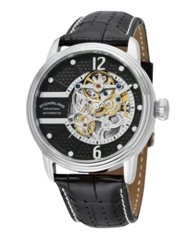 Stuhrling Stainless Steel Case On Black Perforated Alligator Embossed Genuine Leather Strap With White Contras