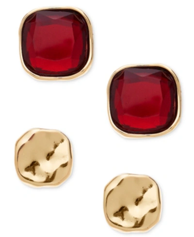 Style & Co 2-pc. Set Colored Stone Square Stud Earrings, Created For Macy's In Red