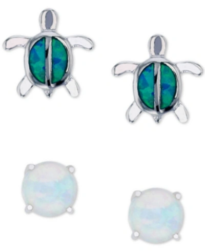 Macy's 2-pc. Set Lab-grown Blue Opal Turtle & Lab-grown Opal Stud Earrings (1/3 Ct. T.w.) In Sterling Silve In White