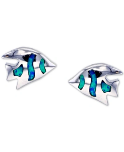 Macy's Lab-created Blue Opal Fish Stud Earrings In Sterling Silver
