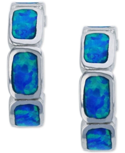Macy's Lab-created Blue Opal Inlay Brick Small Hoop Earrings In Sterling Silver, 0.6"
