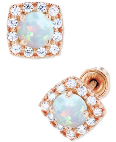 Macy's Lab-created Opal (1/5 Ct. T.w.) & Lab-created White Sapphire (1/6 Ct. T.w.) Cushion Halo Stud Earrin In Rose Gold