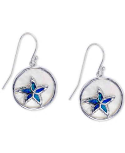 Macy's Lab-created Blue Opal & Mother-of-pearl Inlay Starfish Drop Earrings In Sterling Silver