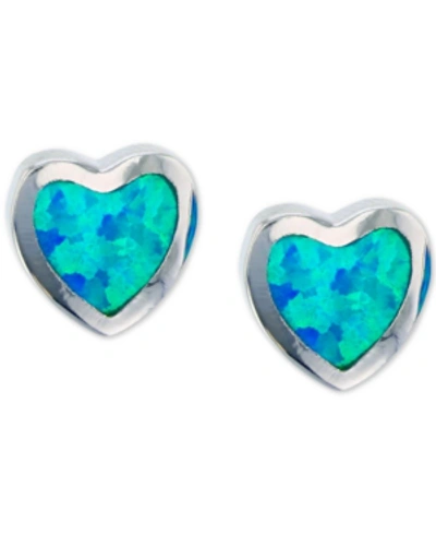 Macy's Lab-created Blue Opal Heart Stud Earrings In Sterling Silver